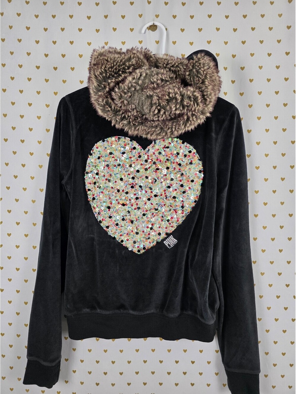 Vintage Victoria’s Secret PINK Velour Hoodie L Faux Fur MEGA BLING Sequin Heart